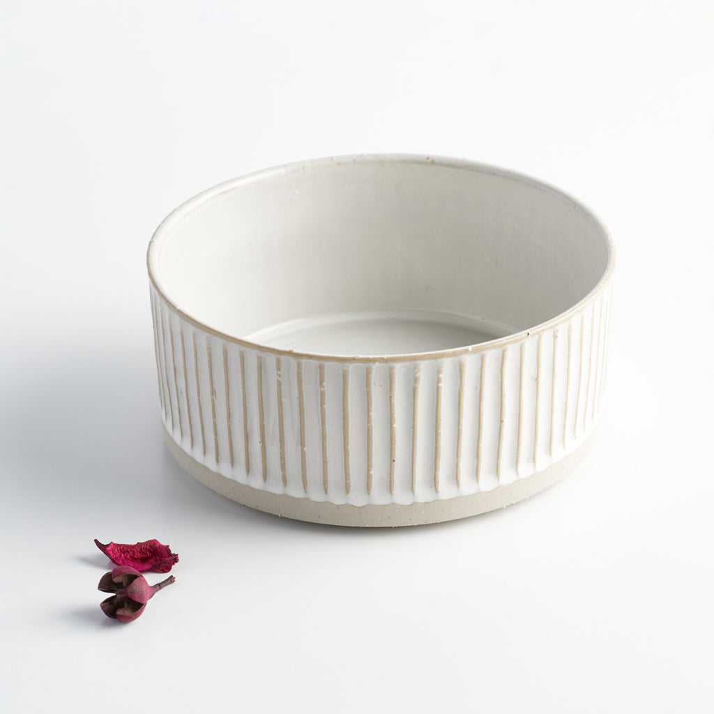 White Scalloped Ceramic Dog Water Bowl