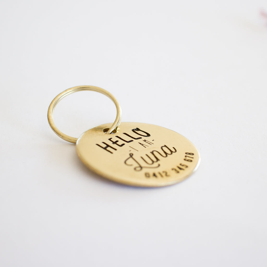 Personalised Brass 'Hello' Design Animal ID Tag